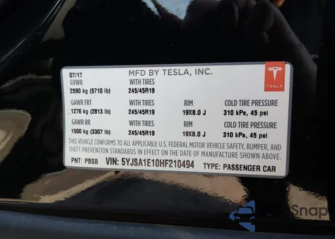 2017 Tesla Model S 60/75 z USA, uszkodzony, nr VIN 5YJSA1E10HF210494